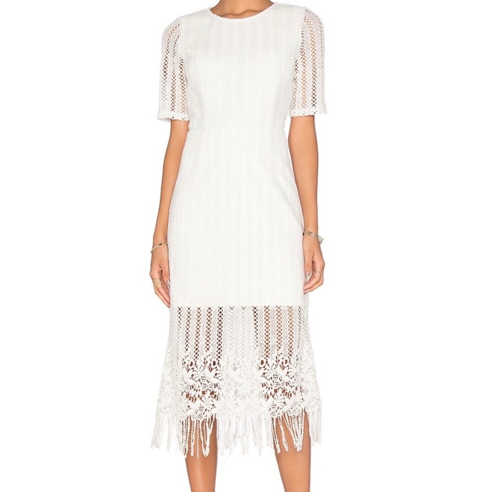 J.O.A. Los Angeles White Lace Midi Dress Fringe Hem Boho Festival S Coastal